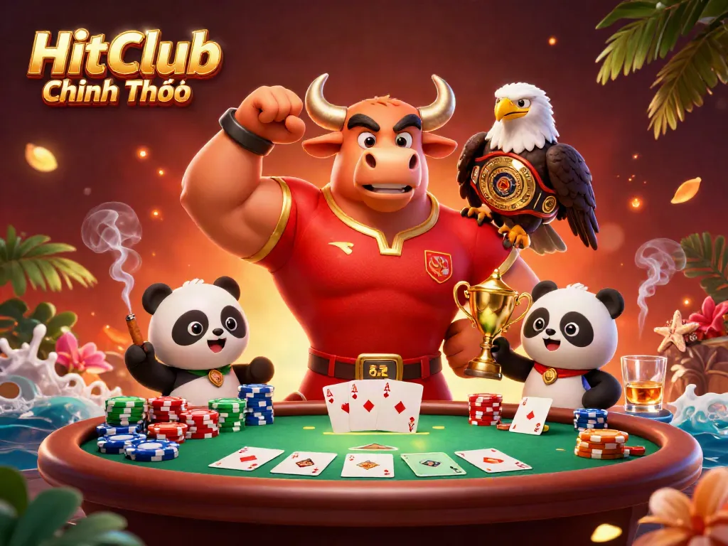Experience thrilling victory at HitClub Chính Thức with our cartoon characters, poker table, and vibrant casino elements.