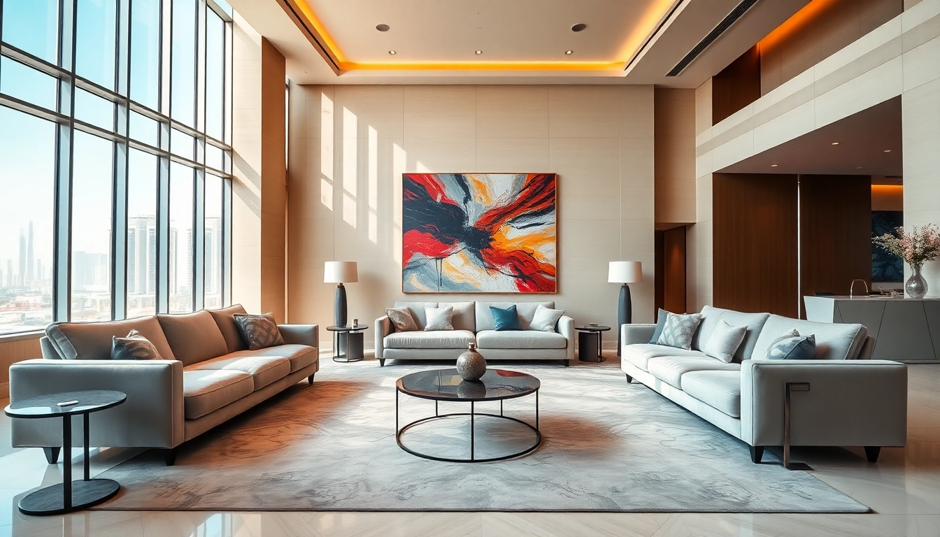 Elegant lounge area showcasing interior design dubai with modern furniture and artwork.