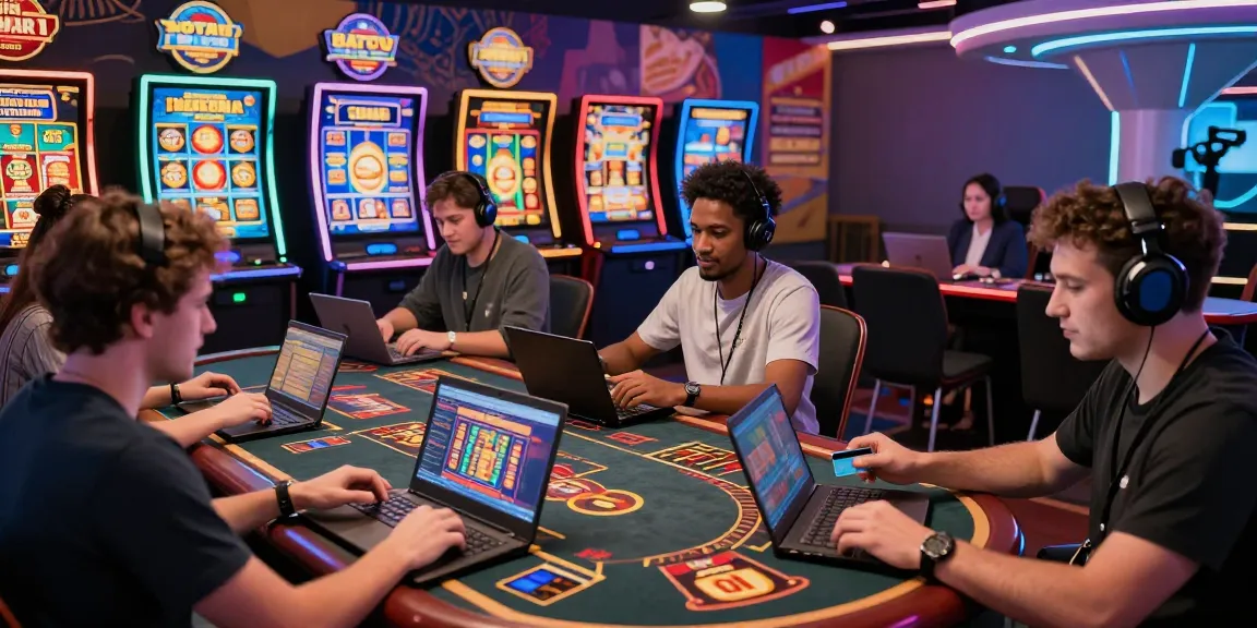 Players engaging with casinos that accept credit cards using laptops in an energetic online gaming atmosphere.