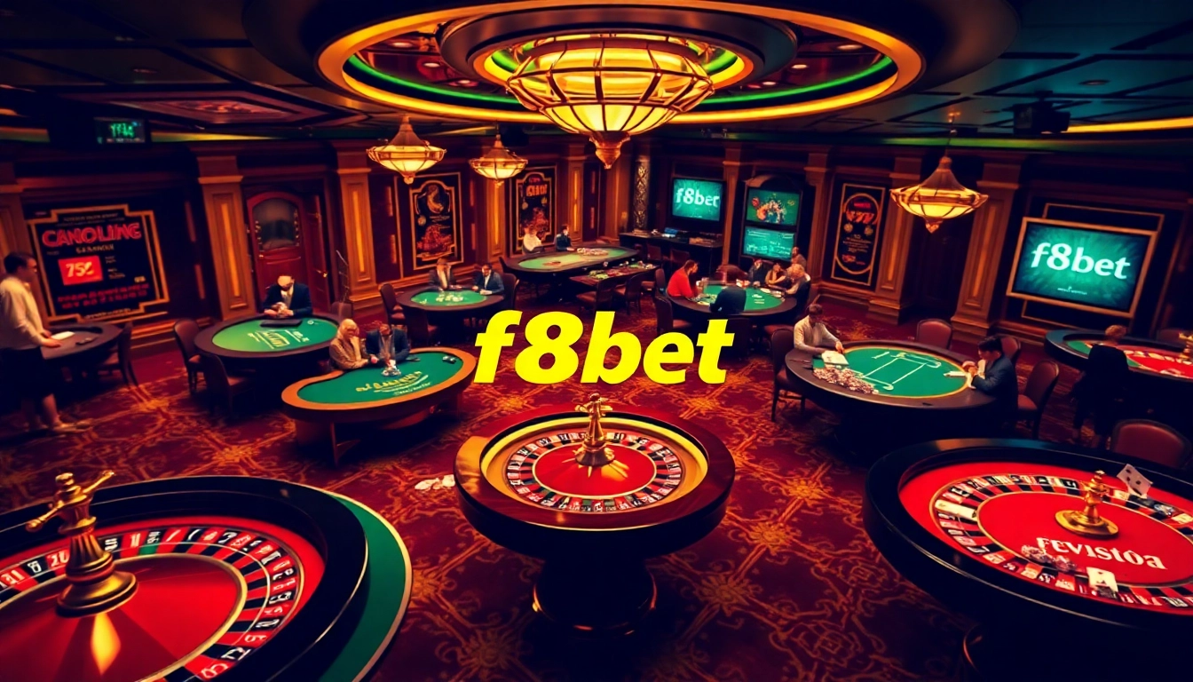 Experience thrilling gameplay with f8bet at a dynamic casino, featuring roulette and poker tables.