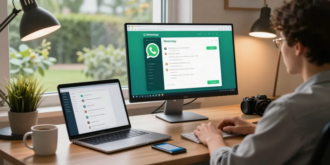 Professional workspace with WhatsApp電腦版 on screen, showcasing modern technology and productivity.