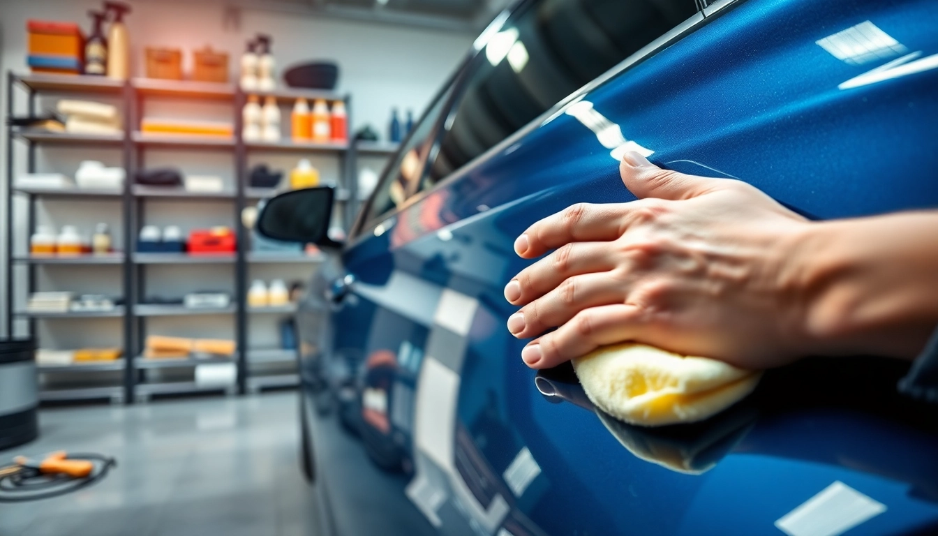Offering car detailing near me services, a professional detailer meticulously polishes a gleaming sedan.
