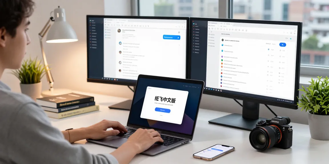 User using the 纸飞机中文版 app on a laptop in a modern workspace, showcasing a tech-savvy environment with dual monitors.