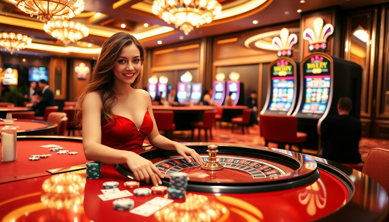 Players enjoying a thrilling experience at Nhà cái EV88 casino with vibrant roulette and poker games.