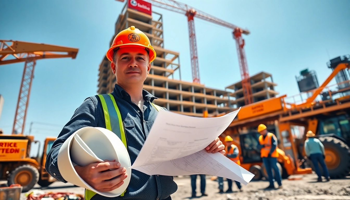 New York Construction Manager overseeing a busy construction site with workers and machinery