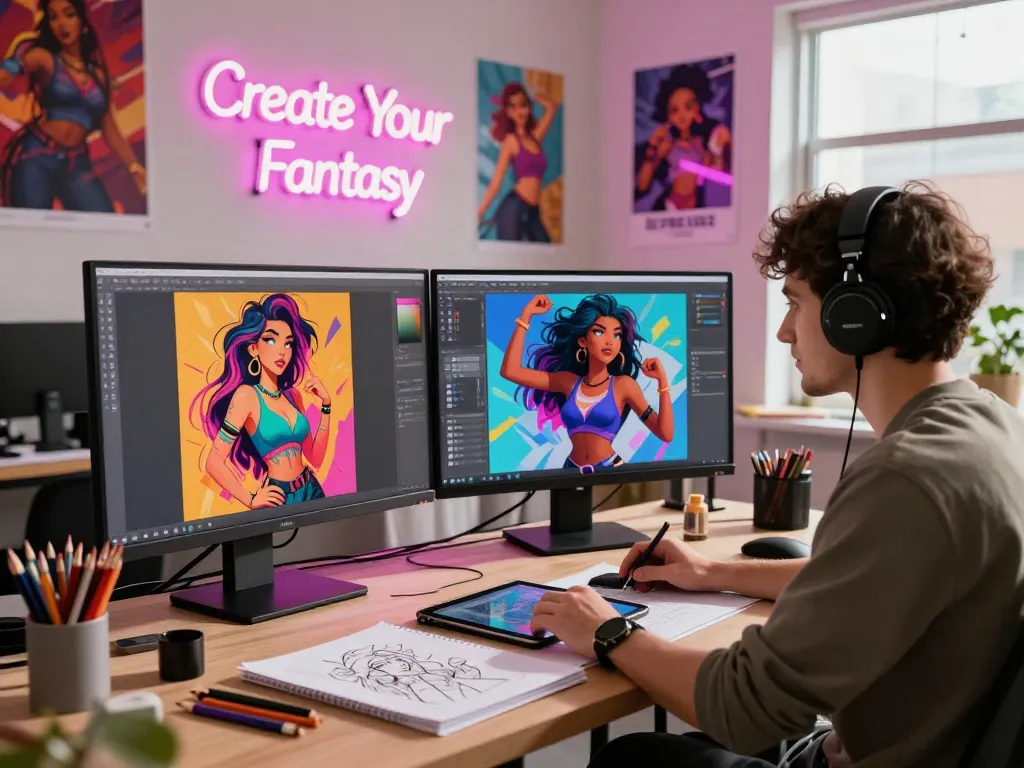Dynamic digital artist creating NSFW AI character designs in a vibrant studio, showcasing creativity and innovation.