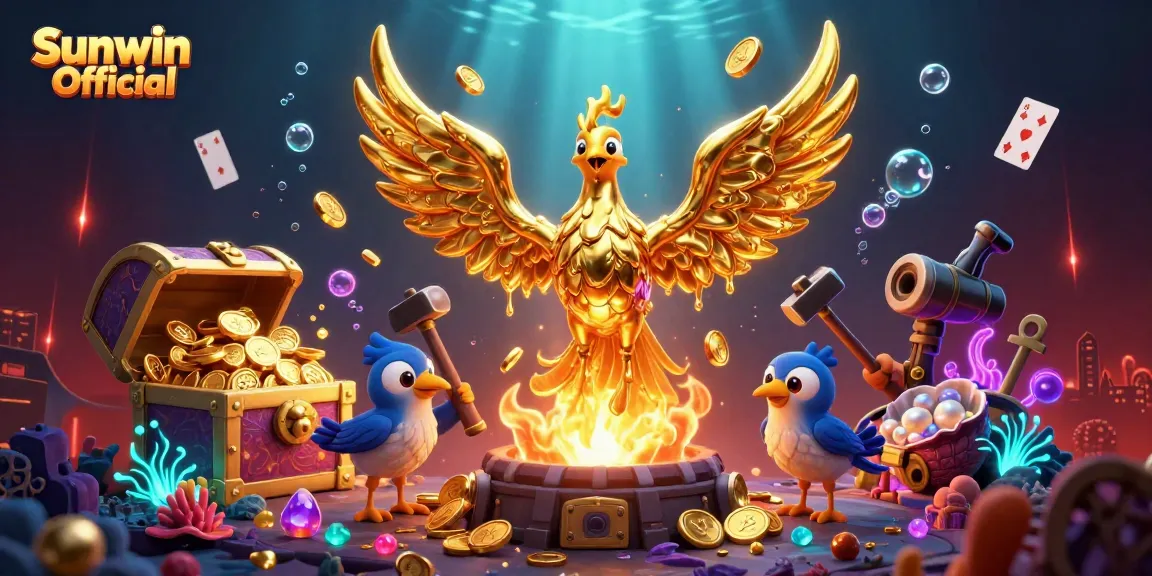 Engage with thrilling gameplay in Sunwin Official's dynamic golden phoenix casino scene, showcasing underwater treasures and vibrant energy.