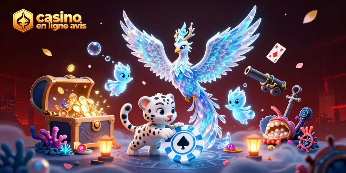 Évaluation des casinos en ligne avis avec illustration d'un phoenix de glace et sprites lumineux.