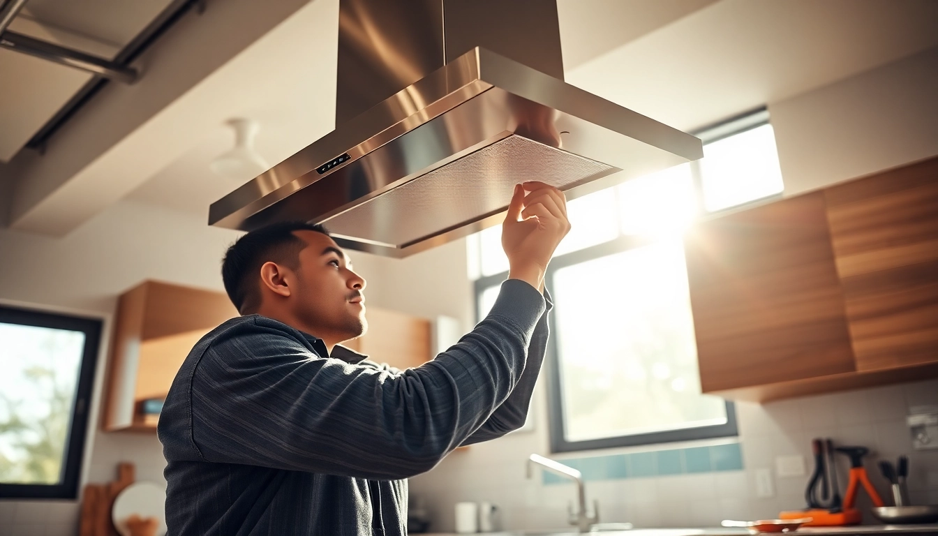 Expert technician performing exhaust hood installation in a modern kitchen setting.