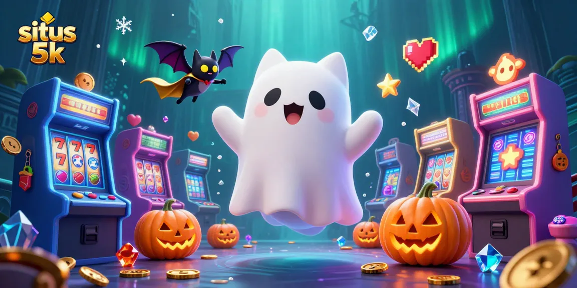 Spin jackpots and win at situs 5k with ghost cat and vampire bat in an exciting casino scene.