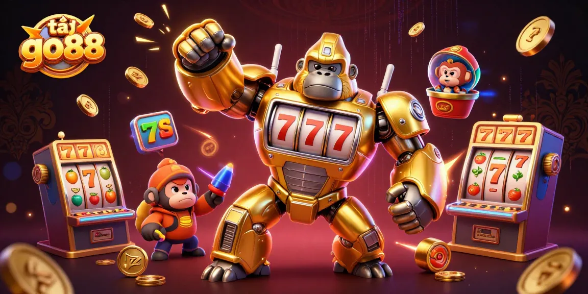 Experience thrilling gameplay with tải go88 featuring a golden gorilla mech bursting with slot machine excitement.