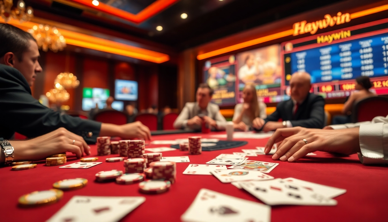 Players experience intense poker action at a haywin casino table, highlighting thoughtful strategy and excitement.