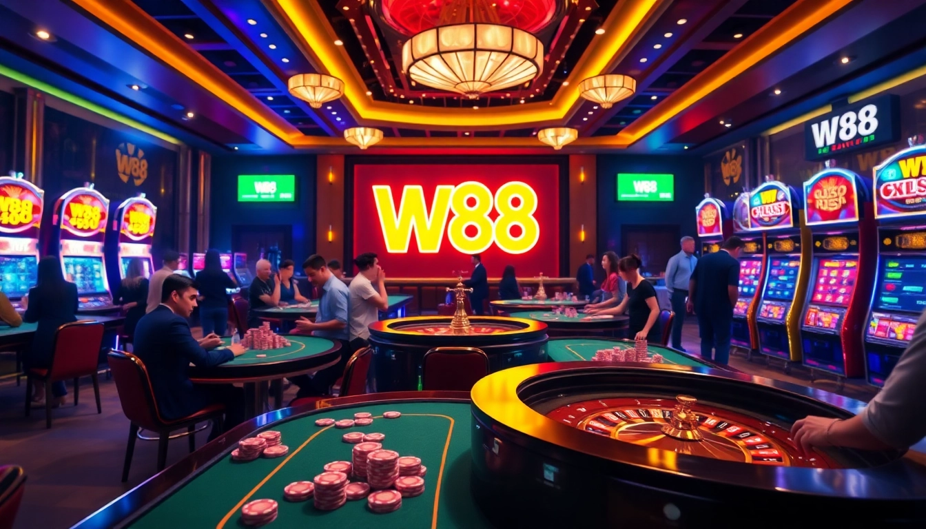 Trải nghiệm sự phấn khích của W88 với đa dạng trò chơi cá cược trong một không gian casino sống động.