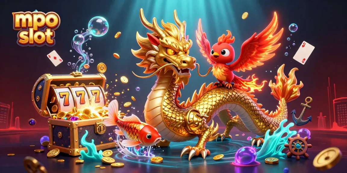 Experience the thrill of mpo slot with a dynamic scene featuring a dragon, phoenix, and koi amidst riches.