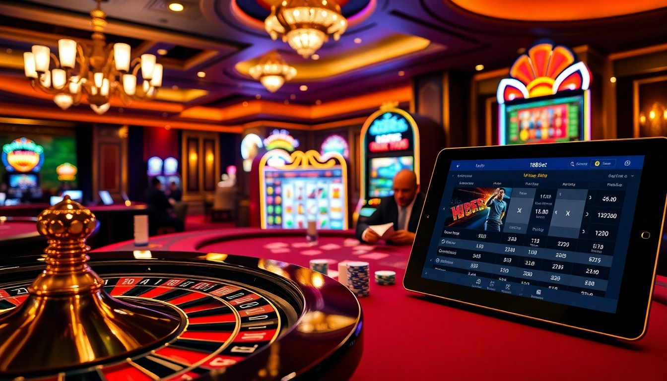 Professional gamblers strategizing at a 188bet poker table with vibrant casino elements.