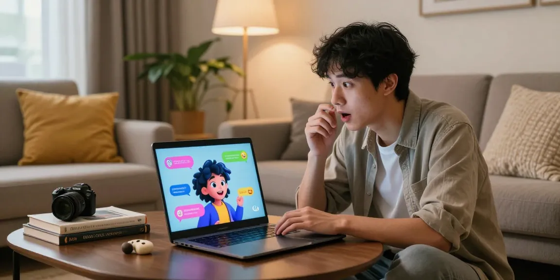 Engaging user in AI NSFW chat experience on laptop in modern living room.