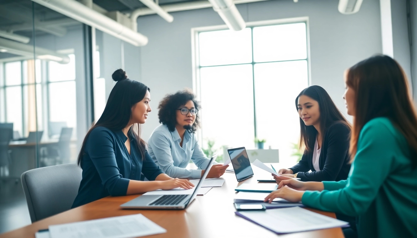 Dynamic scene of TOEIC test takers for hire collaborating in a modern office.