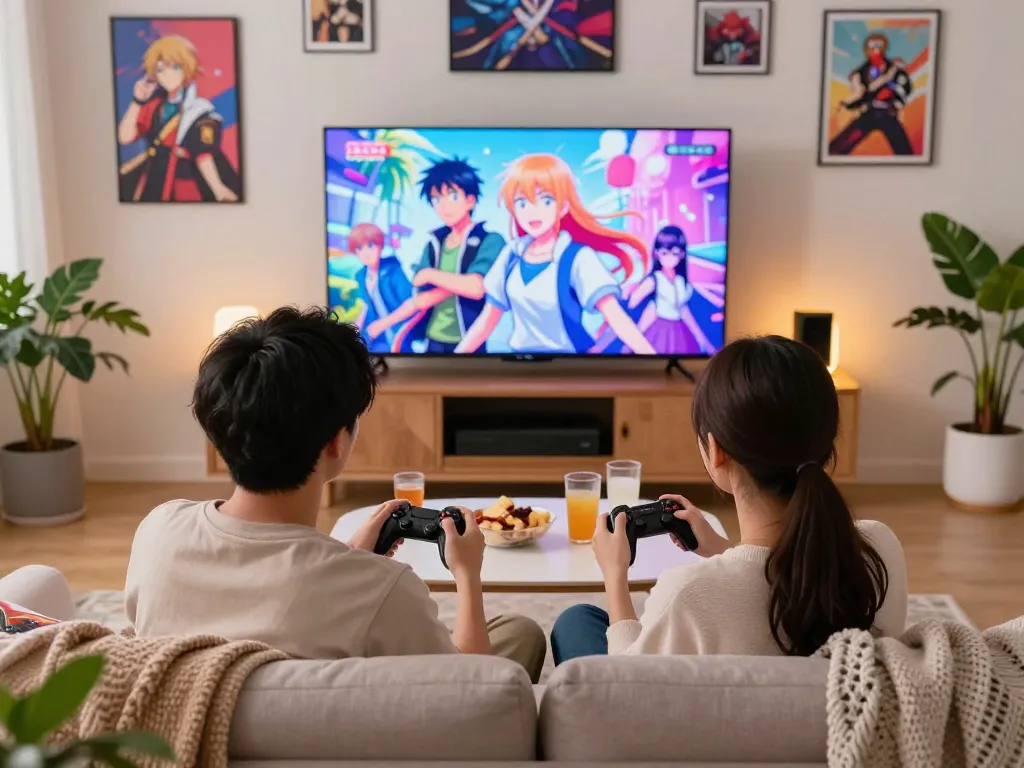 Engaging couple playing a free porn game in a cozy living room, surrounded by snacks and colorful gaming art.