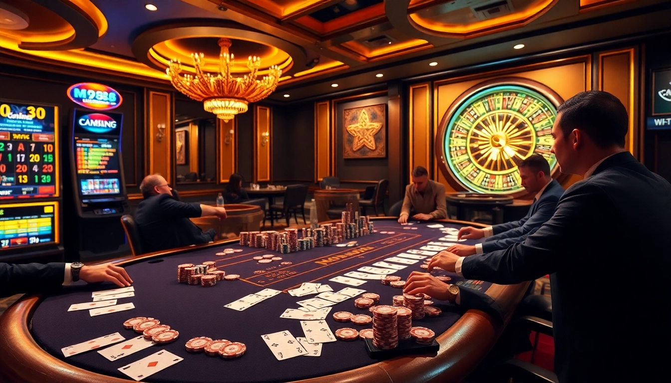 MM88 online casino players engage over a vibrant poker table with chips and cards.