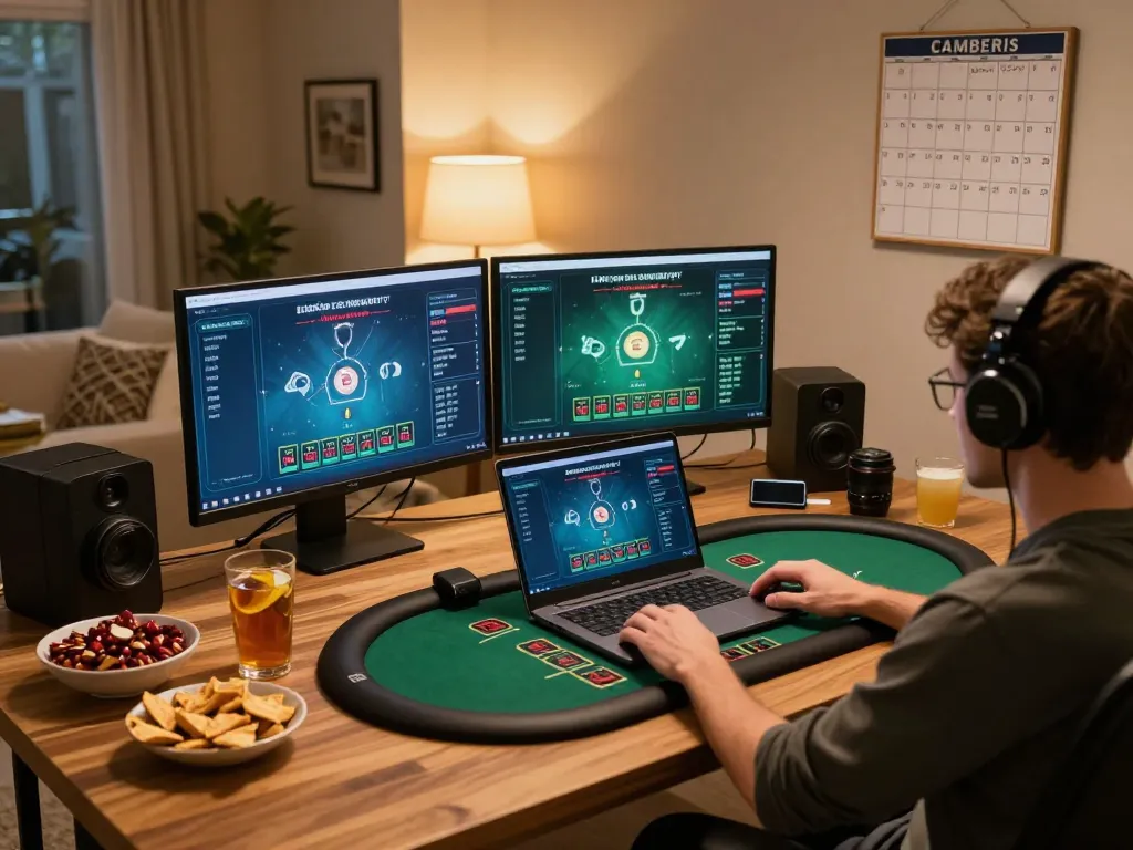Engaged player participating in a lista casino online stranieri game at home, showcasing a live dealer setup.