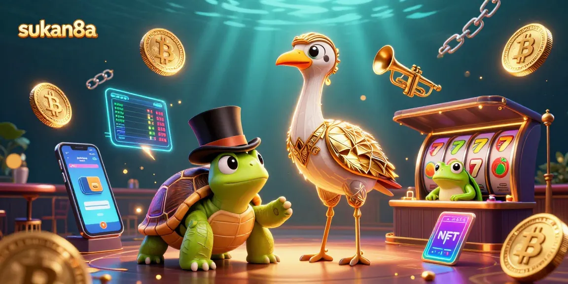 Sukan8a showcases vibrant 3D casino characters celebrating big wins amid dynamic slot elements and crypto coins.