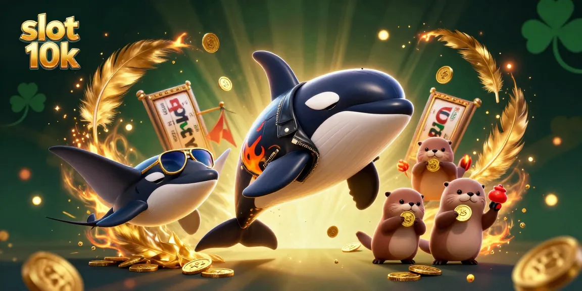 Experience excitement with slot 10k as orca biker and friends celebrate big wins in a colorful casino scene.