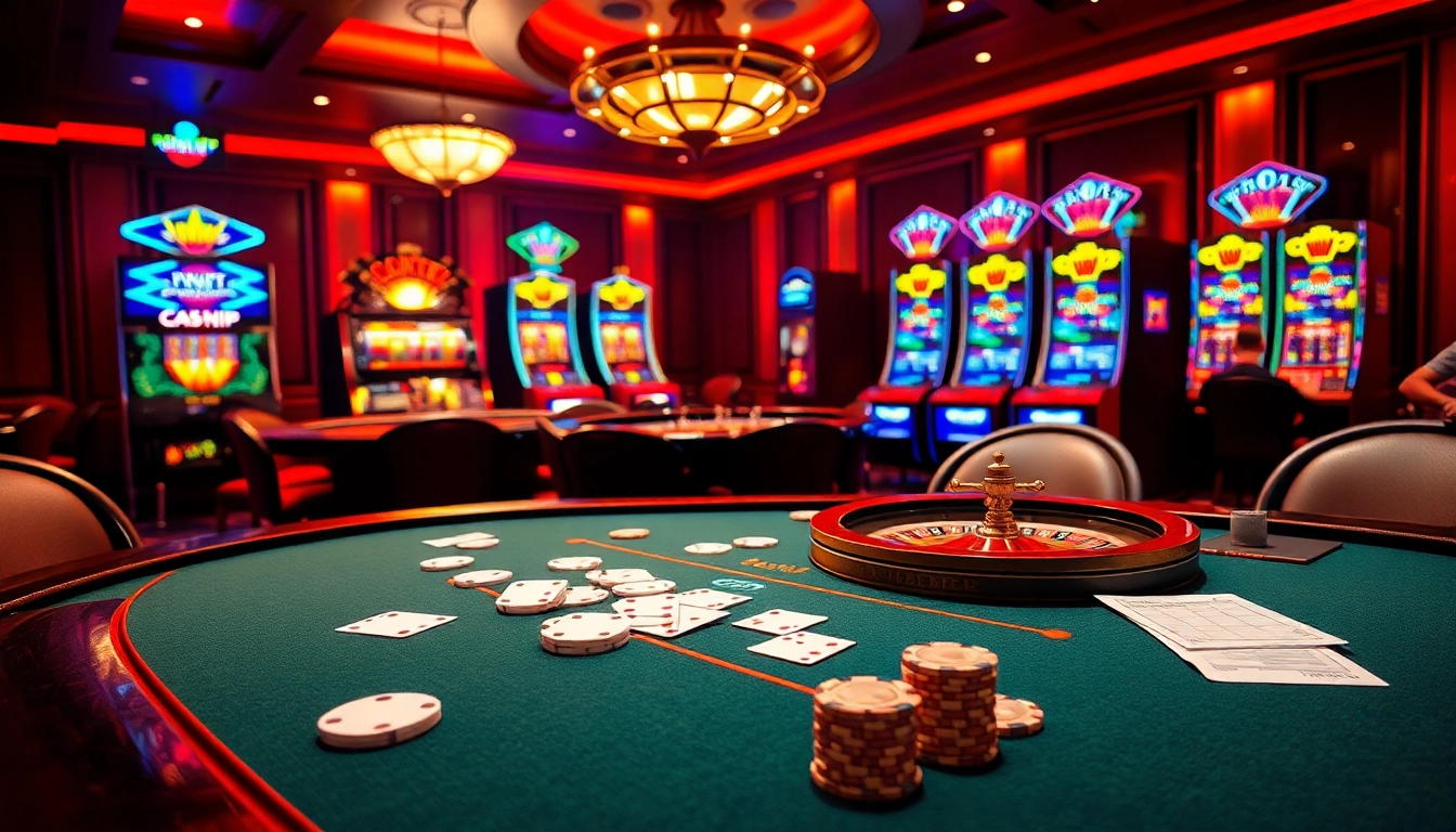 S88vip gaming experience with luxurious poker and roulette tables in a vibrant casino setting.