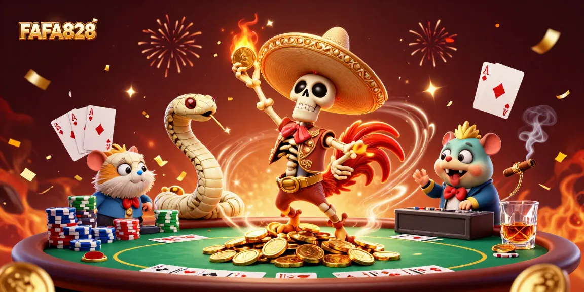 FAFA828 invites players to enjoy a thrilling experience with vibrant gaming elements in this celebratory scene.