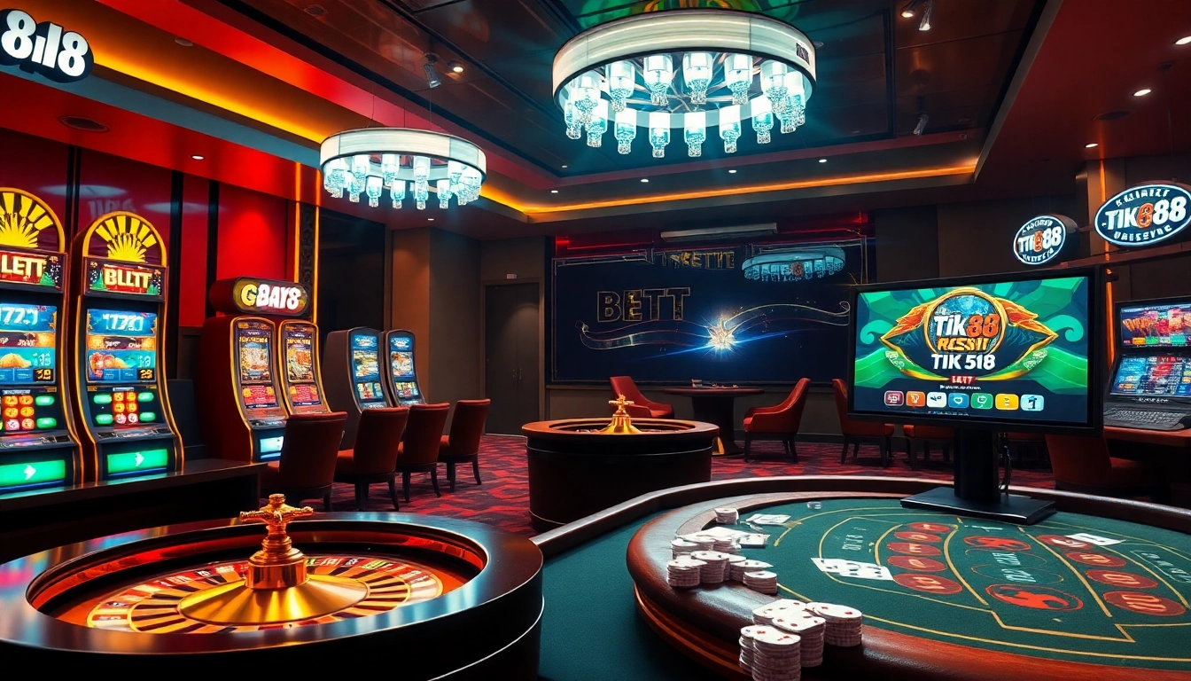Ứng dụng Tik 88 được hiển thị trong cảnh casino trực tuyến động với bàn chơi sang trọng và máy slot sôi động.