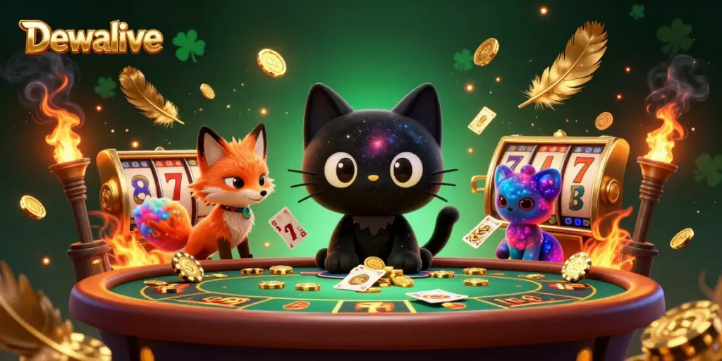 Dewalive showcases a vibrant cosmic casino scene with a captivating black hole cat and colorful gas fox, surrounded by gaming elements.