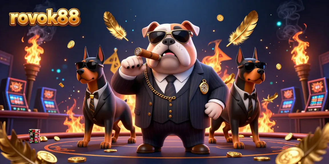 Engage with rokok88's vibrant casino scene featuring a mafia boss bulldog and Doberman bodyguards.