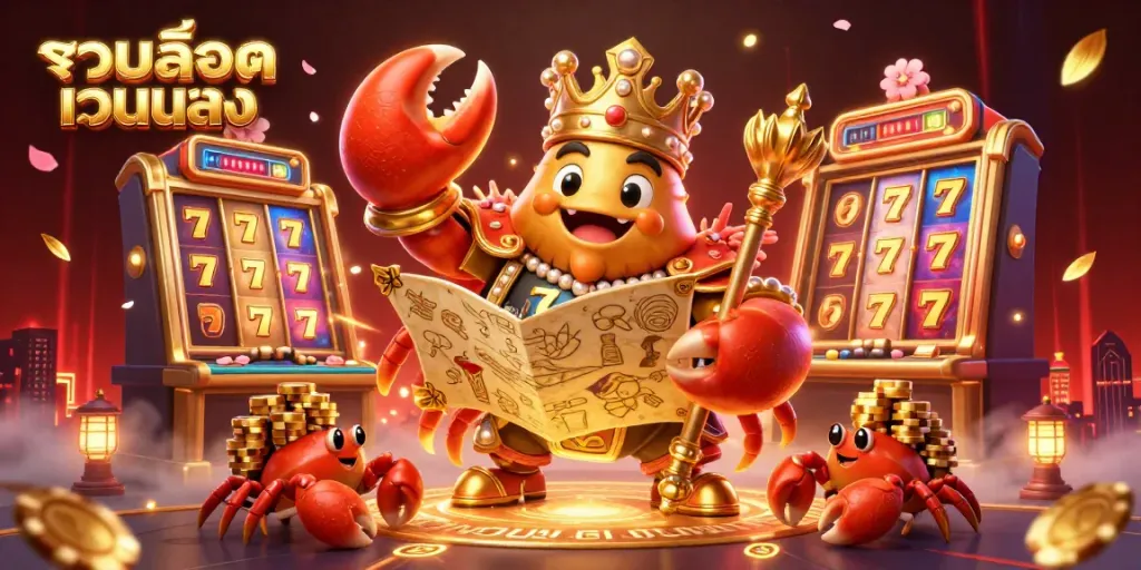 Spin the reels of รวมสล็อตเว็บตรง with the majestic crab emperor in a vibrant casino scene filled with gold.
