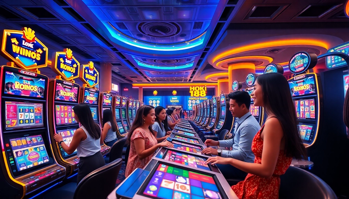 Exciting online slot gaming scene featuring hoki138 pro with vibrant machines and diverse players celebrating wins.