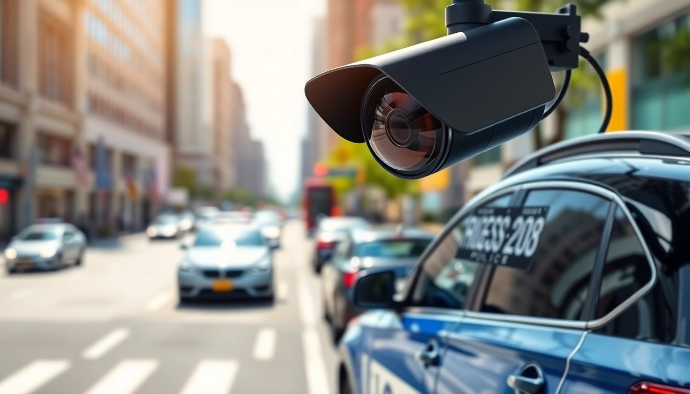 Capture of automatic license plate recognition in an urban surveillance scene with high-tech equipment.