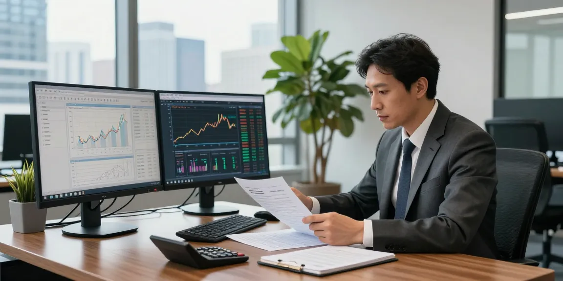Professional analyzing asset tracing data in a modern office workspace.
