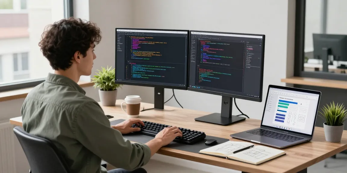 Effective software development environment with a developer using 纸飞机中文版 on dual monitors and a laptop.