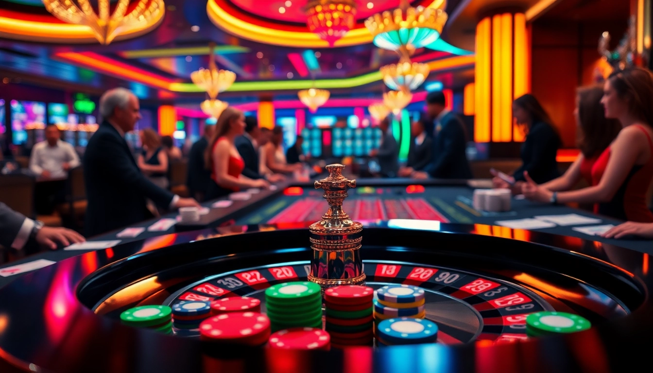 Permainan kasino bbni4d dengan pemain aktif di meja roulette yang elegan.