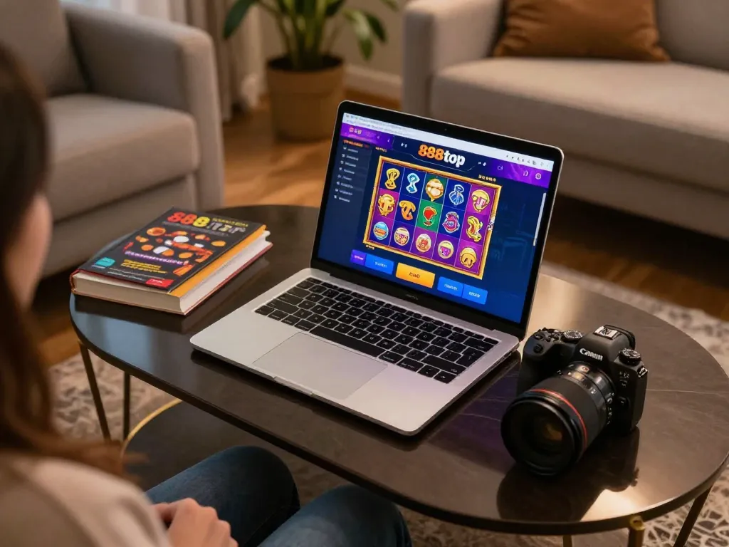 Engaging online gaming experience on 888top with a vibrant casino interface and strategic setup.