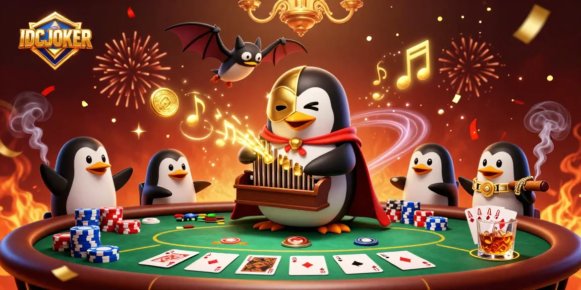 Experience the thrill of IDCJOKER with a penguin playing a gold-coin organ amid vibrant casino action.