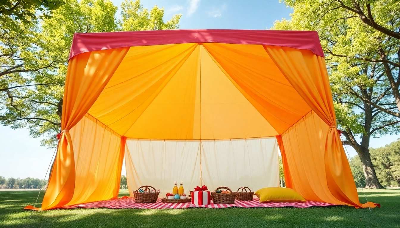 Families enjoying time under a colorful canopy tent during a picnic outdoors.