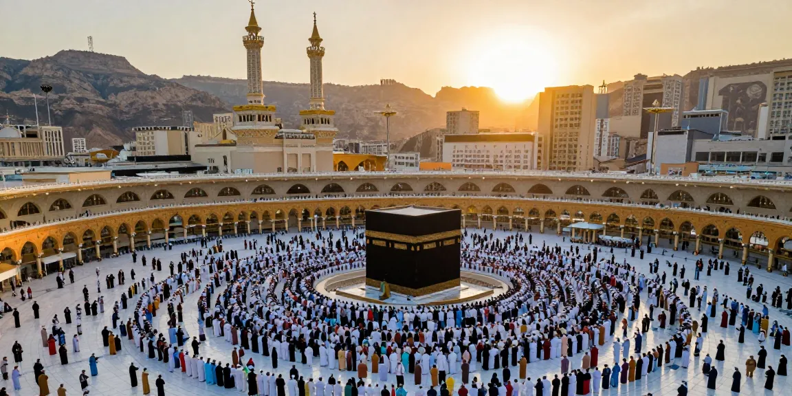 Umroh Full Ramadhan travelers at Masjid Al-Haram, a vibrant sacred pilgrimage experience.