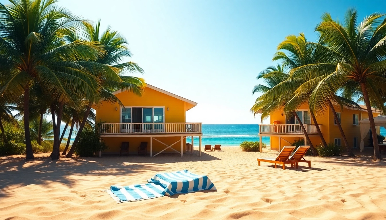 Relaxing coastal cabana by the beach with lush palm trees and sunny atmosphere.