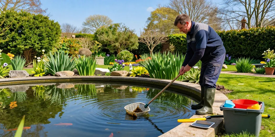 Pond Cleaning Kent service in action, technician removing algae and debris from a serene garden pond, lush greenery and clear water enhancing the tranquil atmosphere.