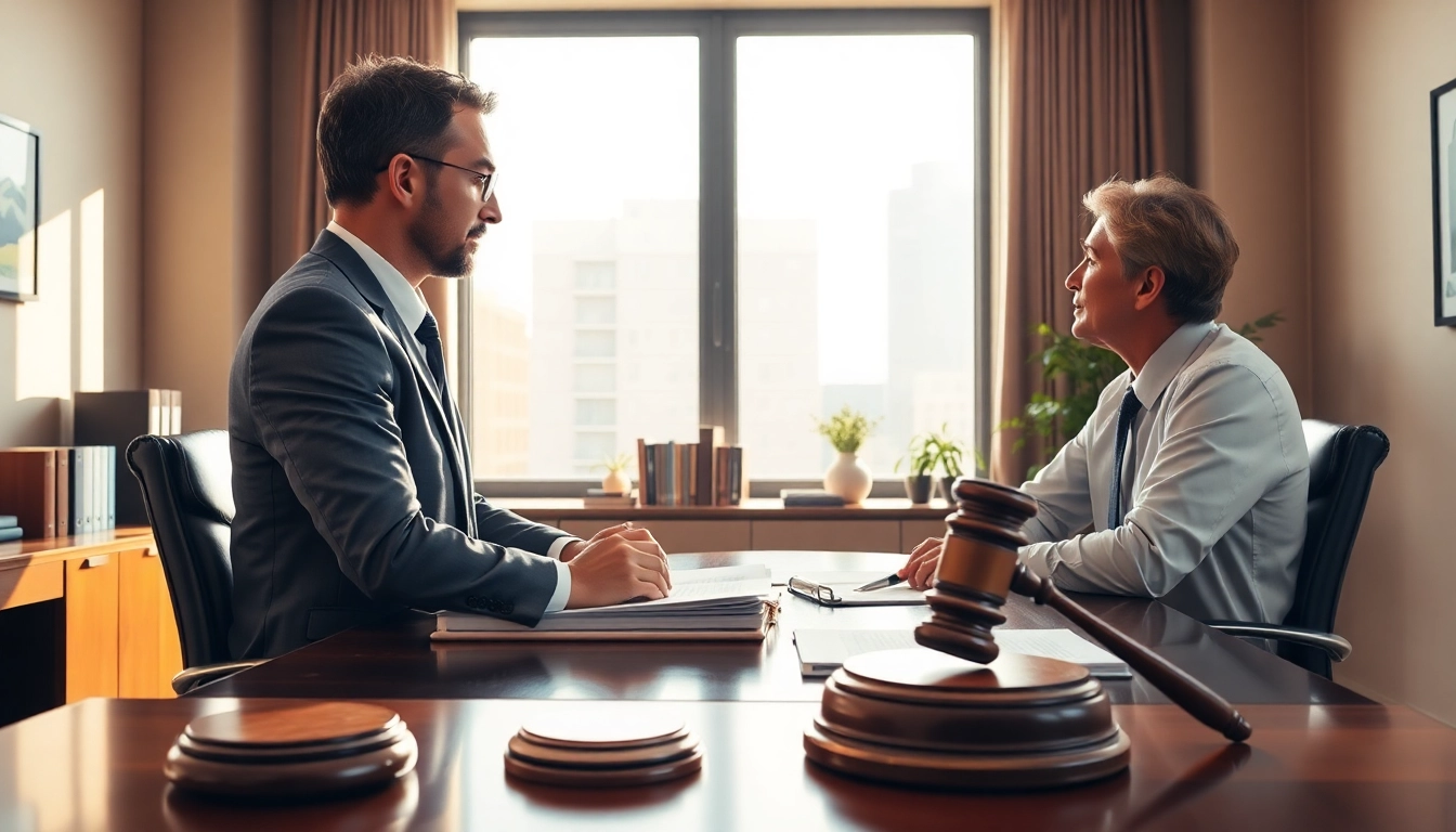 Eminent domain lawyer consulting with a client in a professional office.