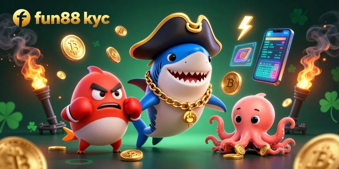 Cá cược hấp dẫn tại fun88 kyc với hình ảnh cá mập hoạt hình, cá chình và bạch tuộc mang vàng; môi trường sôi động.