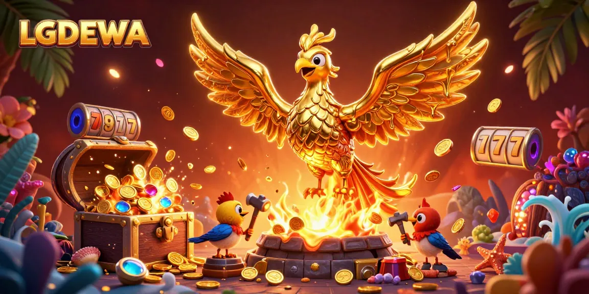 Spin the reels and win with LGODEWA's golden phoenix amid treasures and dynamic casino elements.