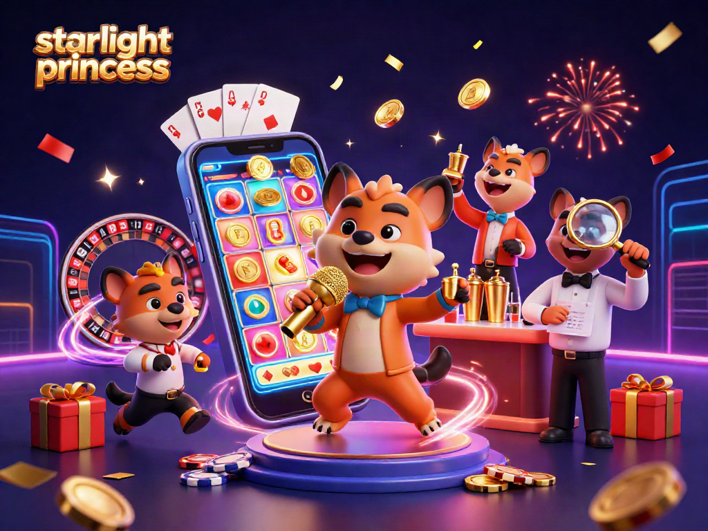 Engage with the vibrant starlight princess as hyenas bring casino fun to life in this colorful scene.