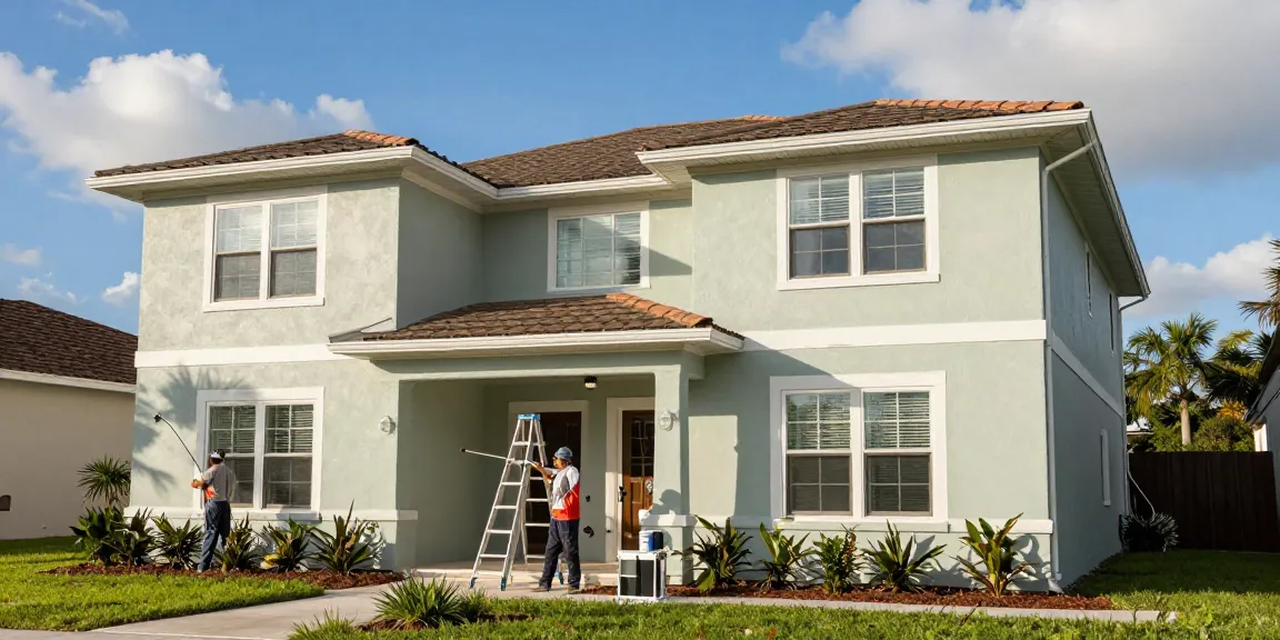 Exterior house painters Sarasota refreshing a two-story stucco home in bright sunshine.