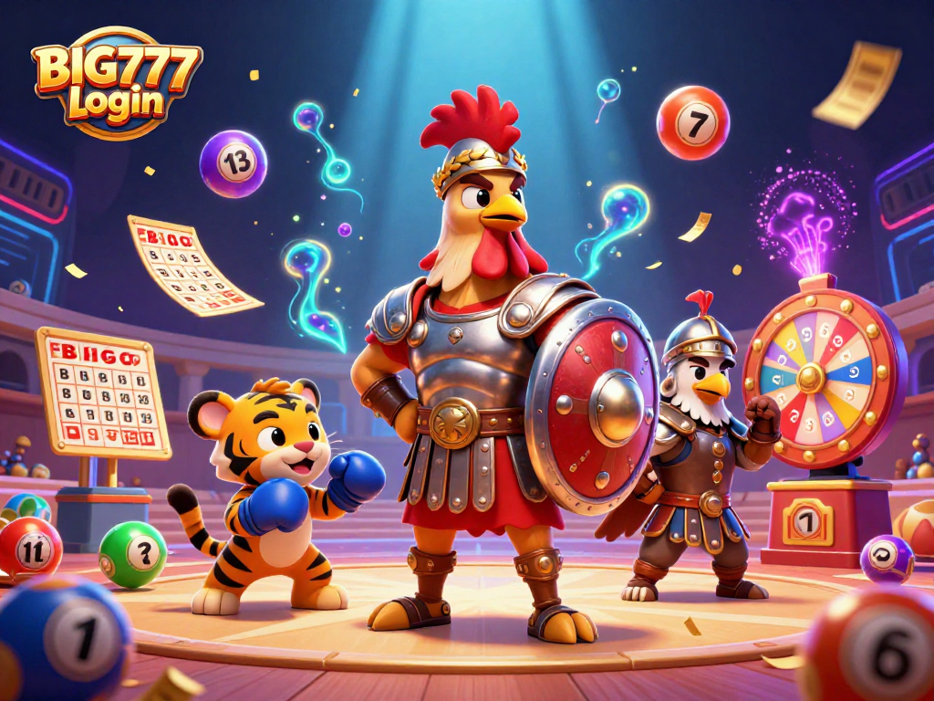 Login BIG777 untuk judi lotere dengan simbol berwarna dan efek uang hujan.