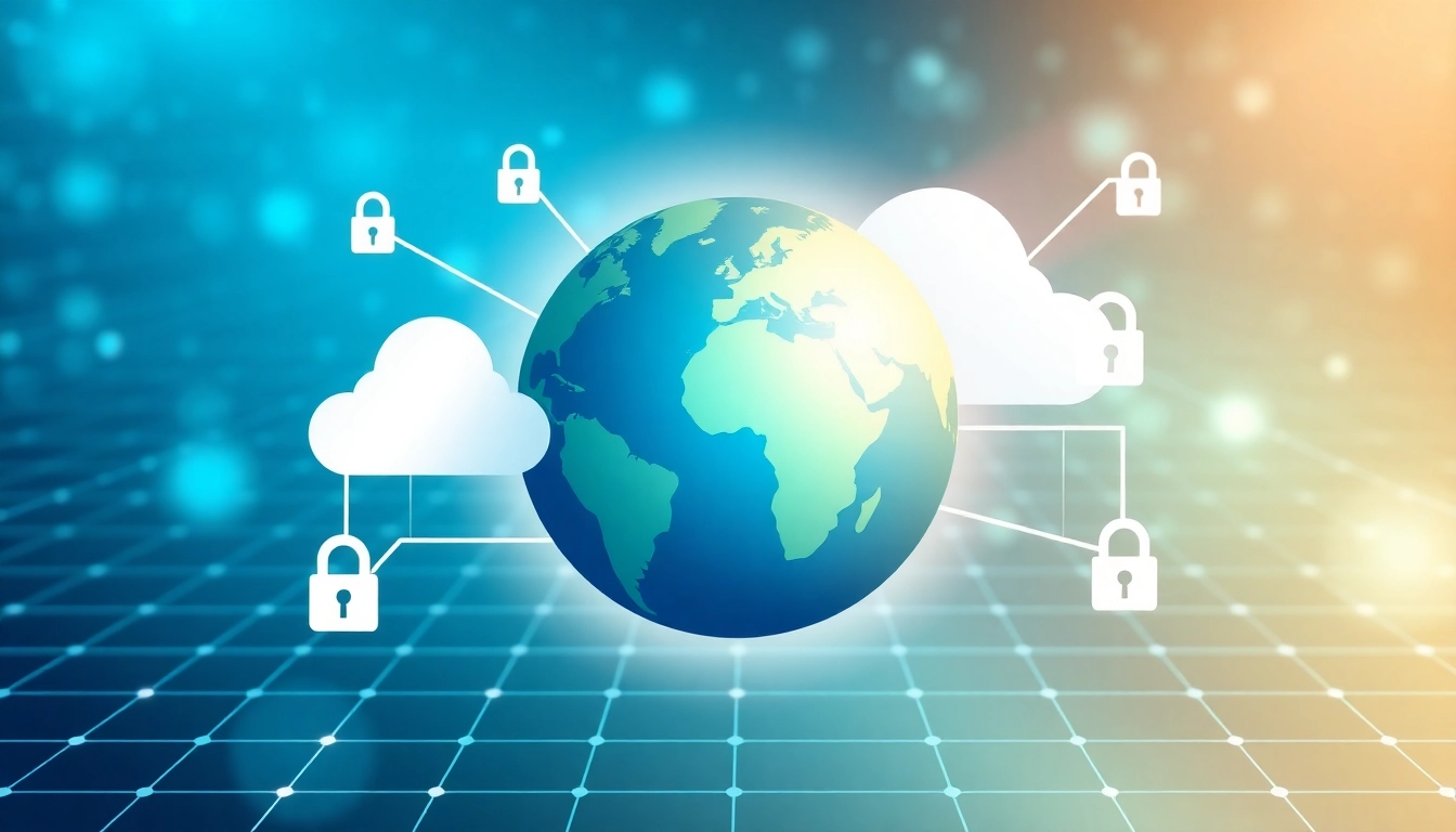 Secure vpn service promoting global connectivity and online safety depicted with globe and padlocks.